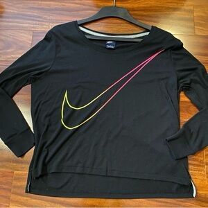 Nike Black Sporty top long Sleeves with neon swoosh size medium